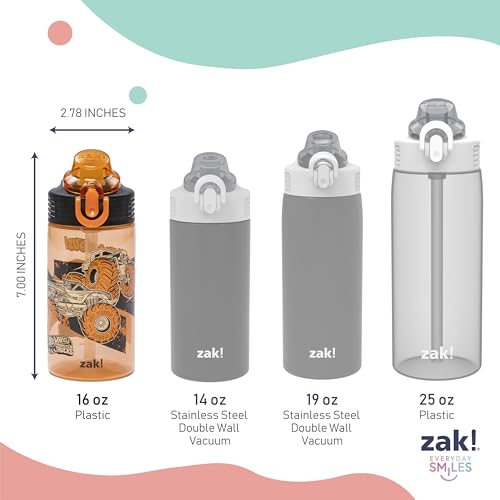 Zak Designs Hot Wheels Sage Kids Water Bottle For School or Travel, 16oz Durable Plastic Water Bottle With Straw, Handle, and Leak-Proof, Pop-Up Spout Cover, 2-Pack Set (Monster Trucks) - color: Hot Wheels (Monster Trucks)
