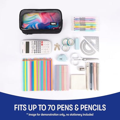 ZIPIT Half & Half Pencil Case, 3 Compartment Zipper Pouch for School, Stationery Bag for Teen Girls Boys and Adults, Black - color: Black Glow