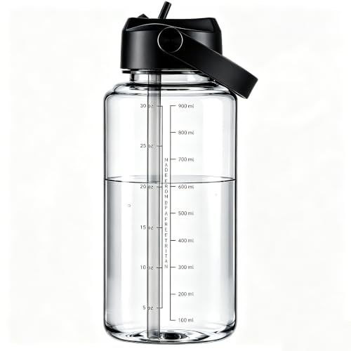 OLDLEY 32oz Water Bottle with Straw,Leakproof Tritan Clear Bottle with Marked Bottle and Carry Handle, BPA-Free Wide Mouth Reusable Sports Water Bottle for Gym,Hiking, Camping, Travel, Workout,Clear - color: A.Clear