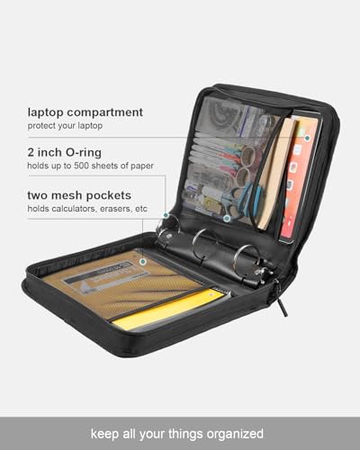 2 Inch 3-Ring Zipper Binder with Shoulder Strap, O-Ring Zip Up Binder with 500 Sheet Capacity, Compatible with 13" MacBook/Tablet, for School, Office (Black)