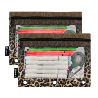 Gredecor 3 Ring Binder Pencil Pouch, Gradient Brown Leopard Cheetah Zippered Pen Case Pouches with Clear Window, 2 Pack Stylish Office & School Supplie - color: Gradient Brown Leopard Cheetah