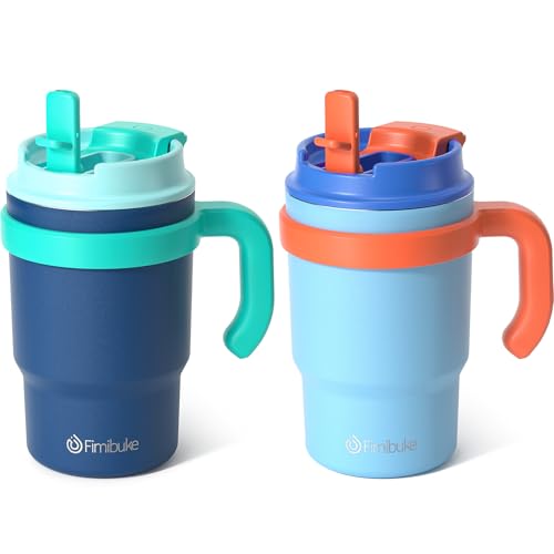 Fimibuke 16oz Kids Insulated Tumbler with Handle & Straws - 2 Pack BPA FREE 18/8 Stainless Steel Toddler Cups with Sip/Swig 2-in-1 Lids, Leak Proof Kid Drinking Cup Travel Mugs for Children Boys Girls - color: B2.Navy Blue & Light Blue