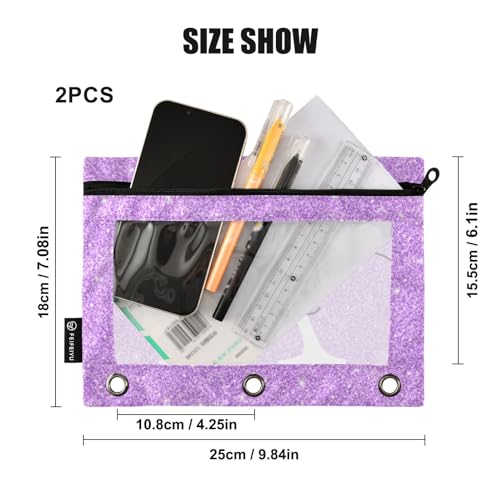 Personalized Pencil Pouch for 3 Ring Binder Lilac Shiny Glitter Custom Pencil Pouches Case Binder Cosmetic Bag 2 Pack for Office School College Supplies - color: Lilac Shiny Glitter