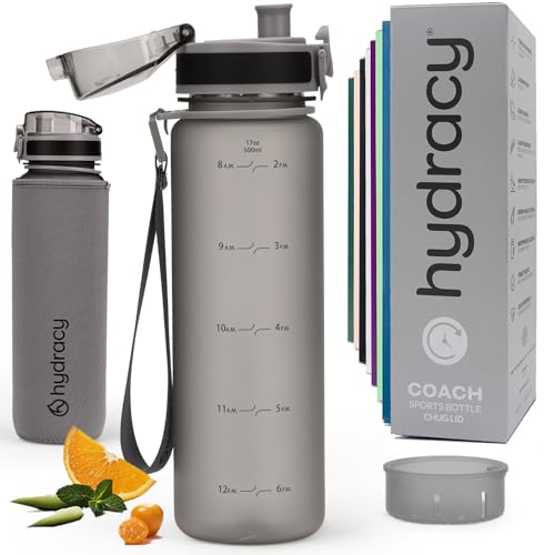 Hydracy Water Bottle with Time Marker & Fruit Infuser - BPA Free - 17 oz | Leak Proof Gym Bottle with times to drink and no sweat Sleeve - Ideal for Fitness Sports & Outdoors - color: Silver Grey, size: 17 Ounces