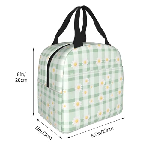 Lunch Bag Daisy Pastel Green Check Plaid Insulated Lunch Box Reusable Cooler Tote for Adults Student Girl Boy Work Office School Picnic Over 3 Years Old - color: B0383