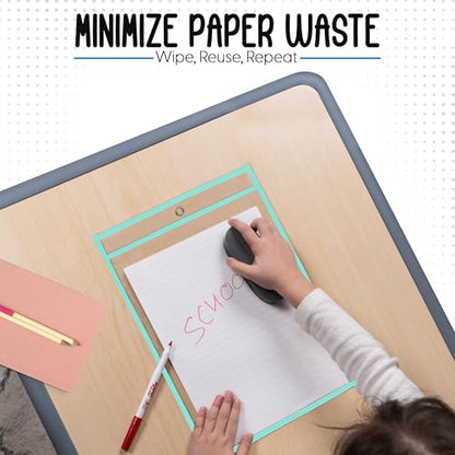 Essex Wares - 6 Pack, Seafoam, Durable Water-Resistant Dry Erase Pocket Document Protectors, 10" Wide x 13.5" Tall - Dry Erase Clear Plastic Sleeves - Reusable & Easy Erase Plastic Invoice Holders - color: Seafoam