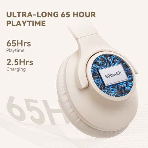 KVIDIO Bluetooth Headphones Over Ear, 65 Hours Wireless Headphones with Mic, Low Latency Foldable Lightweight Headset with Deep Bass, HiFi Stereo Sound Headphones for School Work Cellphone Sports - color: Beige