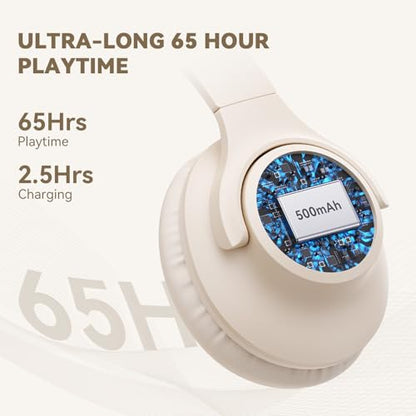 KVIDIO Bluetooth Headphones Over Ear, 65 Hours Wireless Headphones with Mic, Low Latency Foldable Lightweight Headset with Deep Bass, HiFi Stereo Sound Headphones for School Work Cellphone Sports - color: Beige