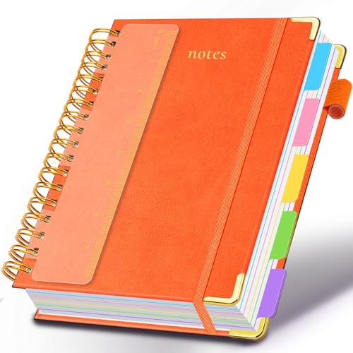 Hardcover Spiral Notebook 6.2"x 8.2" Journal Notebook with Tabs and Removable Dividers 300 Pages 5 Subject Notebook College Ruled, Faux Leather Spiral Bound Notebook for Women School Work(Orange) - color: Orange, size: 6.2"x8.2"(A5)