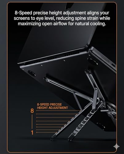 4-in-1 Foldable Laptop Stand, Magnetic Phone Holder & Multi-Angle Tablet Riser, 8-Level Ergonomic Height Adjustable Aluminum Travel Stand Compatible with MacBook, iPad, iPhone, Gunmetal Grey