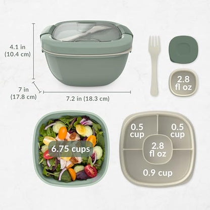 Bentgo Salad Container - 54 oz Bowl with 4-Compartment Toppings Tray, Leak-Proof Dressing Container, Reusable Fork, BPA-Free Lunch Box for Meal Prep & Food Storage; Removable Bento Tray (Khaki Green) - color: Khaki Green