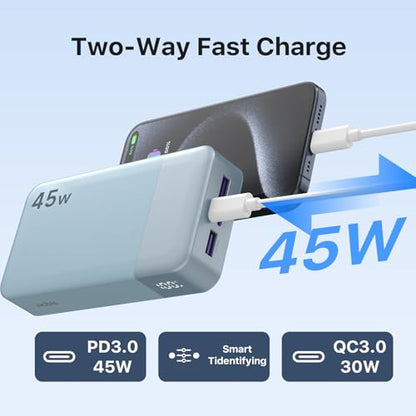 NOBIS Portable Charger, 20000mAh Power Bank, 45W Power Bank Fast Charging, Battery Pack with C to C Cable, Battery Bank with Digital Display for iPhone Android Laptop et(Light Blue) - color: Light Blue