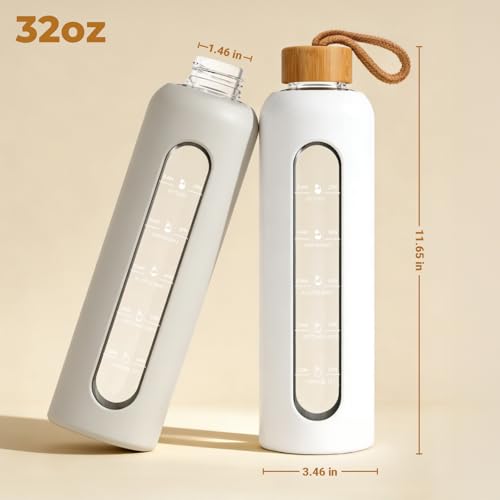 Sursip 32 oz Glass Water Bottle, Time Marker with Silicone Sleeve & Lid | 1 Liter BPA-Free Motivational Bottle, Leak-Proof Dishwasher Safe - color: Black