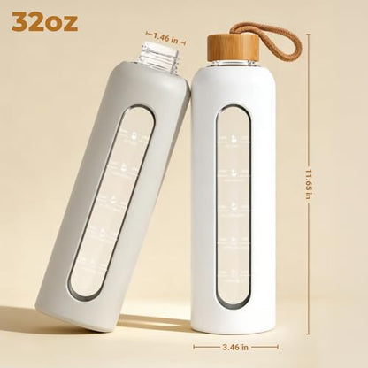 Sursip 32 oz Glass Water Bottle, Time Marker with Silicone Sleeve & Lid | 1 Liter BPA-Free Motivational Bottle, Leak-Proof Dishwasher Safe - color: Black