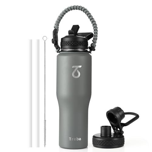 Trebo 32 oz Water Bottle Insulated Fits in Any Car Cup Holder with 2 Lids | Stainless Steel T-shape Tumbler with Paracord Handle, Triple Wall Vacuum Copper Plated, Cold 48 Hrs for Travel, Leakproof - color: Gray, size: 32 Ounces
