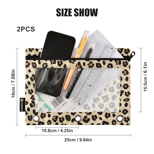 2 Pack 3 Ring Binder Pencil Pouch Leopard Print Pencil Case Pencil Bags with Zipper, Clear PVC Binder Pockets for Office Daily Supplies - color: Color 2