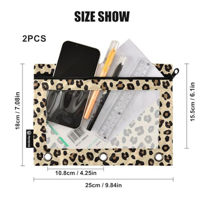 2 Pack 3 Ring Binder Pencil Pouch Leopard Print Pencil Case Pencil Bags with Zipper, Clear PVC Binder Pockets for Office Daily Supplies - color: Color 2