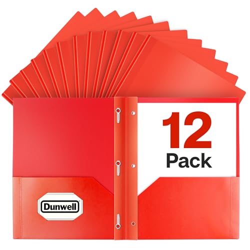Dunwell Plastic Folders with 3 Prongs, (12 Pack, Red), 2-Pocket Folders with Fasteners, Durable Acid-Free Poly for Long Term Use, Labels Included - color: Red, size: 12 Pack