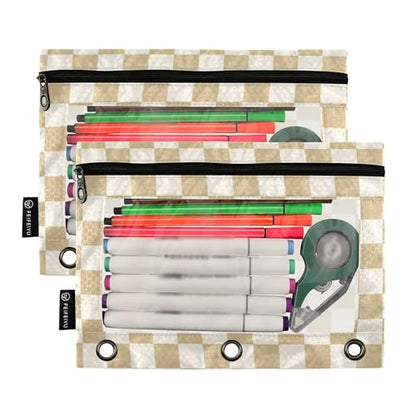 Antiquewhite Chessboard Binder Pouches 3 Ring for Boys Girls School Office College Supplies White Buffalo Plaid Burlywood Pencil Pouches Case Bag with Clear Window and Zipper 2 Pack - color: Antiquewhite