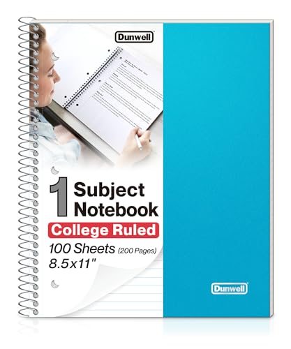 Dunwell 1-Subject Notebook College Ruled, (Blue) 100 Sheets (200 Pages), Perforated Paper, 3 Hole Punched, Spiral Notebook 8.5 x 11, Protective Plastic Cover, Divider with Pockets - color: Blue, style: 1 Subject