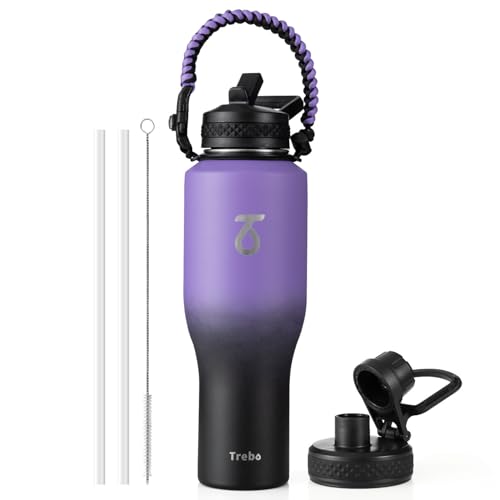 Trebo 40 oz Water Bottle Insulated Fit in Any Car Cup Holder with 2 Lids, | Stainless Steel T-shape Tumbler with Paracord Handle, Triple Wall Vacuum Copper Plated, Cold 48 Hrs for Travel, Wide Mouth - color: Dark Purple, size: 40 Ounces