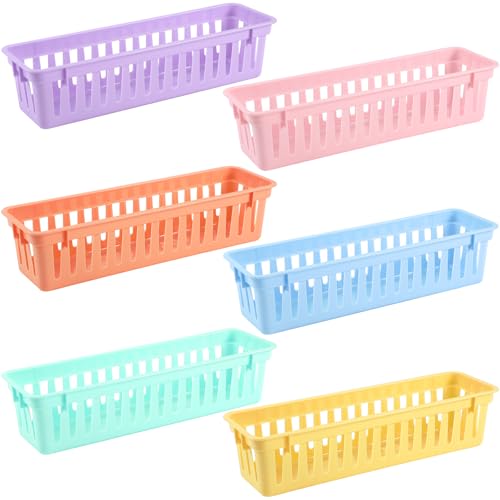 6 Pcs Morandi Slim Plastic Storage Baskets Tray 10 x 3 x 2.5 Inch Compact Stackable Desk Organizer for Office, Classroom, School Supplies, and Home Storage, Organization(Morandi) - color: Morandi