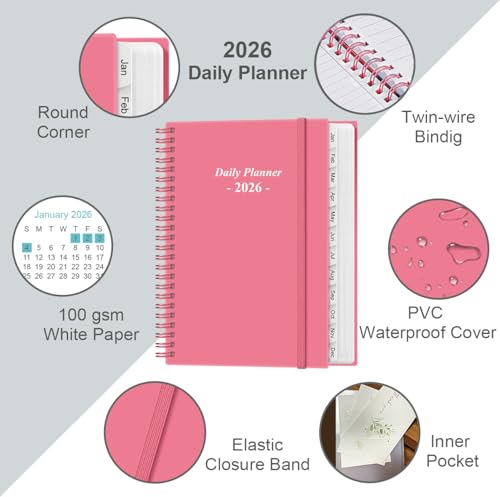 Daily Planner 2026 Full Page Per Day- 2026 Daily & Monthly Planner from January 2026 to December 2026, Day Planner 2026 with 12 Months Tabs, 6.4" x 8,5", Pink - color: Pink, size: 6.4" x 8.5"
