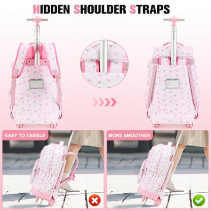 ACESAK Rolling Backpack for Girls - Roller Wheels School bag with Lunch Bag & Pencil Pouch for Teen Girls Kids Wheeled Suitcase Backpacks, Elementary Middle School Travel Daypack (Pink Bow) - color: Pink Bow