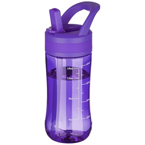 14oz Clear Kids Water Bottle with Straw Lid, BPA-Free Tritan, Measurement Scale, Sturdy Handle Wide Mouth Leak-proof Reusable Plastic Bottle for Boy& Girls, Back to School(Dark Purple) - color: Dark Purple