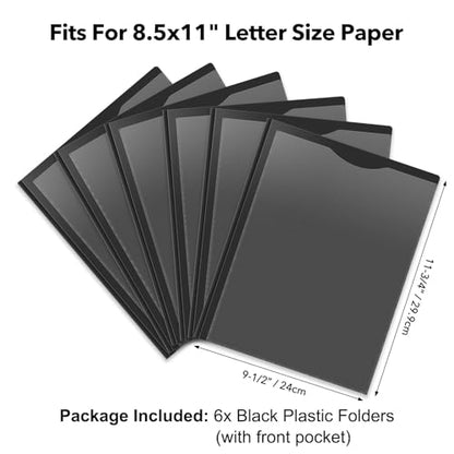 6 Pack Heavy Duty Plastic Pocket Folder with Prongs and Clear Front Pocket, 3 Pockets Folders with 3 Prongs and 2 Card Slot, Black File Folders Fit Letter Size Paper for Office School Home Business - color: Black