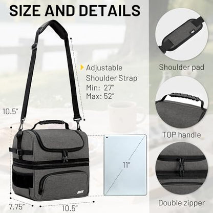 MIER Dual Compartment Lunch Bag Tote with Shoulder Strap for Men and Women Insulated Leakproof Cooler Bag, Grey - color: Gray