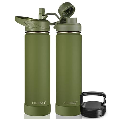 CIVAGO 24 oz Insulated Water Bottle With Straw, Stainless Steel Sports Water Flask Cup with 3 Lids (Straw, Spout and Handle Lid), Double Walled Travel Thermal Canteen Mug, Army Green - color: Army Green, size: 24 Ounces