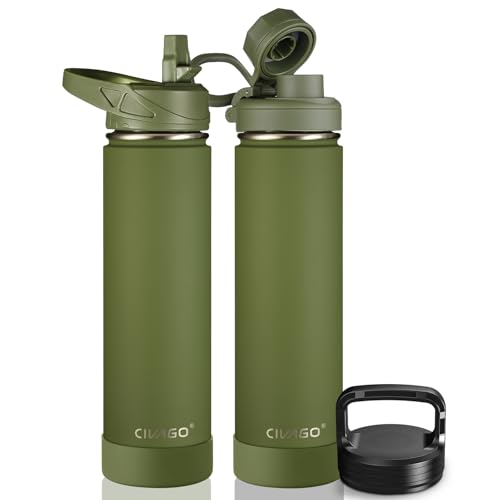 CIVAGO 24 oz Insulated Water Bottle With Straw, Stainless Steel Sports Water Flask Cup with 3 Lids (Straw, Spout and Handle Lid), Double Walled Travel Thermal Canteen Mug, Army Green - color: Army Green, size: 24 Ounces