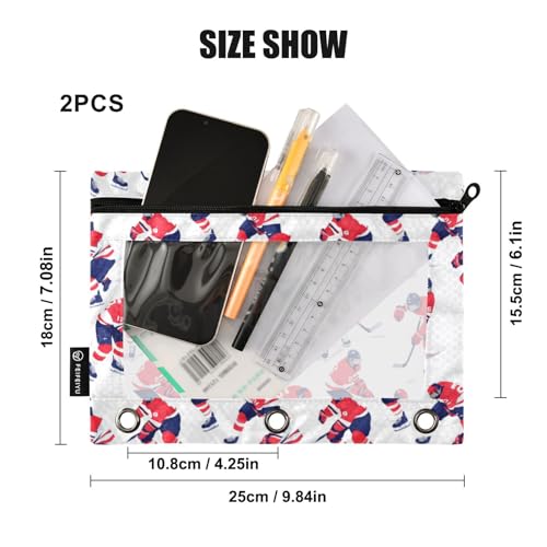 Binder Pencil Pouches Ice Hockey Pen Case Cartoon Players | Clear Window 3 Rings, Cosmetic Bags School Office Supplies Cosmetic Makeup Bag 2 Psc - color: Multicolored-4
