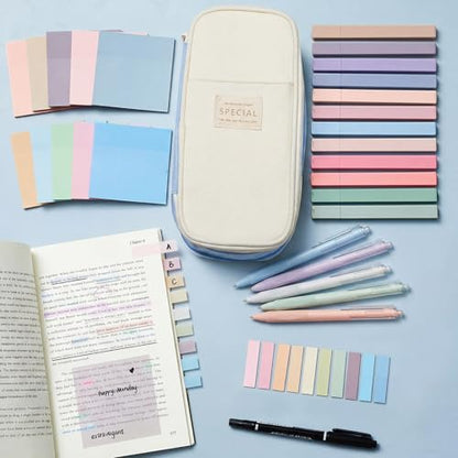 Jutom 39 Pcs Aesthetic Book Annotation Kit Highlighter with Case Bag Gel Pen Transparent Sticky Note Taking Bible Supplies(Light Blue,Cute Style) - color: Light Blue, style: Cute Style