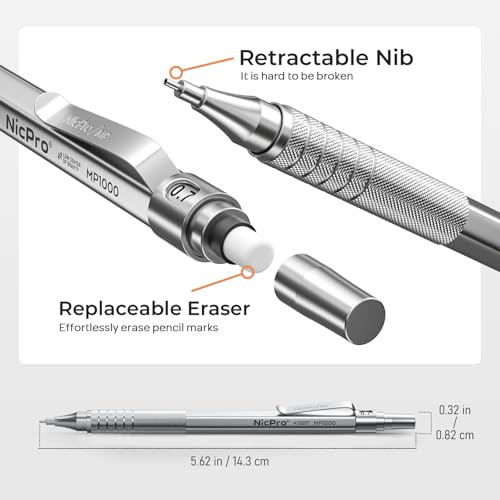 Nicpro 0.7mm Metal Mechanical Pencil Set with Case | 3PCS MP1000 0.7 Lead Pencil With 8 Tube HB Refills, 3 Erasers & 9 Refill For Artist Drafting Drawing Engineering Sketching - color: Silver, style: 0.7 MM
