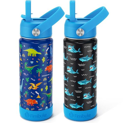Fimibuke Kids Insulated Water Bottle, 18oz BPA FREE Kids Cups with Straw Double Wall Vacuum Tumbler 18/8 Stainless Steel Leak Proof Toddler Water Bottle for School Boys Girls (2 Pack, Dinosaur/Shark) - color: A6. Dinosaur/Shark