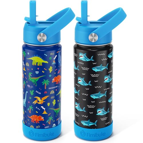 Fimibuke Kids Insulated Water Bottle, 18oz BPA FREE Kids Cups with Straw Double Wall Vacuum Tumbler 18/8 Stainless Steel Leak Proof Toddler Water Bottle for School Boys Girls (2 Pack, Dinosaur/Shark) - color: A6. Dinosaur/Shark