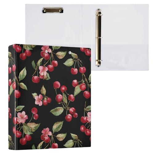 Black Bg Watercolor Red Cherry Binder 3 Ring 1.5 Inch Binder with Clipboard&Pockets, Hardcover Binders Heavy Duty Large File Folder for Office School Supplies - Holds 200 Sheets - color: Black Background Red Cherry, size: 1 Pack-12.4x10.63in