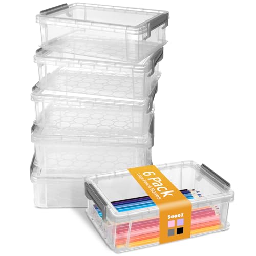 Sooez 6 Pack Extra Large Pencil Box, Plastic Pencil Case Crayon Box, Clear Marker Organizer Plastic Containers with Lid, Stackable Storage Boxes for Art Craft,Pen,Back to School Teacher Supplies, Grey - color: Grey, size: Large