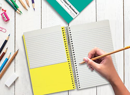 Better Office Products 3 Subject Spiral Notebooks, 9.5 x 5.5 inch, 6 Pack, 150 Sheet Notebook with 2 Double-Sided Pocket Dividers, Assorted Solid Color Covers (College Ruled)