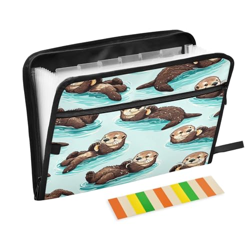 Sea Otters Accordion File Organizer 13 Pocket Expanding File Folder with Zipper & Labels A4 Letter Size Portable Document Organizer for Home, Office