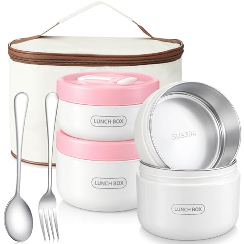 Dandat 4 Pcs Insulated Lunch Container, Portable Bento Box, Stainless Steel Lunch Box, Round Stackable Leakproof Thermal Food Container for Adult Men Women with Insulated Bag, 74 oz(Pink) - color: Pink