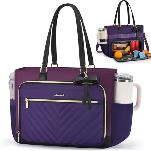 LOVEVOOK Lunch Tote Bag for Women, Insulated Lunch Bag with Laptop Compartment, Large Capacity Work Tote with Cup Holder, Water Resistant Insulated Bag Leakproof for Teacher Nurse, Office, 15.6 Inch - color: Eggplant Purple-blue Purple-black, size: 15.6 I