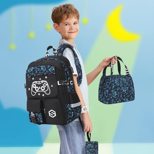 Scothen Boys Backpack, Cool Luminous School Backpacks for Boys with Lunch Bag Pencil Case, Kids Backpack Kindergarten Elementary Middle School Book Bags for Teen Boy Children with USB Charging Port - color: Blue Pattern
