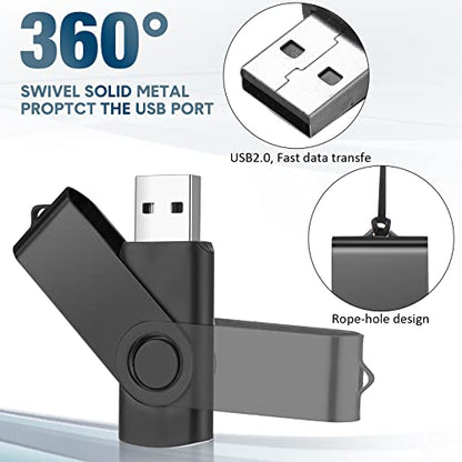 Aoriher 50 Pack USB 2.0 Flash Drives Bulk, Portable USB Thumb Drives with Lanyards, Swivel Flash Drives Thumb Drives for Office School Data Storage (Black, 128MB)