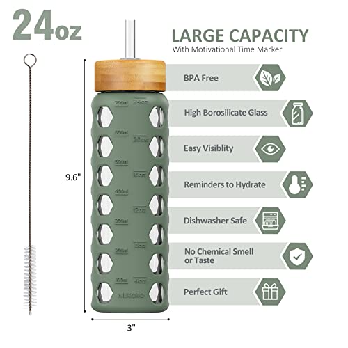 MUKOKO 24oz Glass Water Bottle, Olive | Glass Tumbler with Straw, Drinking Bottles with 2 Lids-Handle Spout Lid & Bamboo Straw Lid, Silicone Sleeve, 1 Pack - color: Olive, size: 24 Ounces