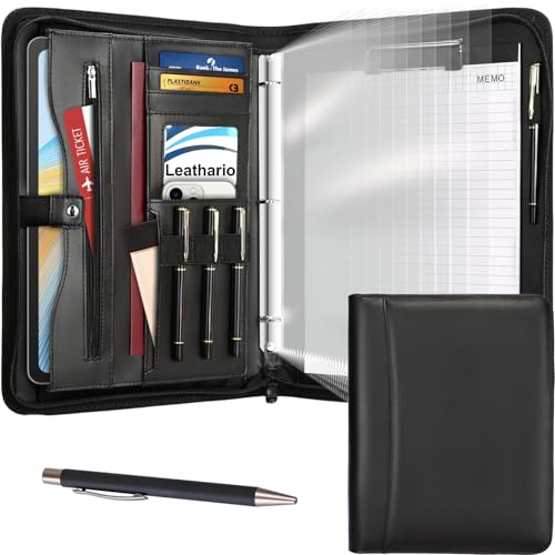 Leathario Portfolio Binder, Padfolio Organizer, 3 Ring Binder with Zipper | Includes Pen and 10 Sheet Protectors, Fits 13 in Tablet, Vegan Leather, for Business Resume Office Professional Men and Women - color: Jet Black