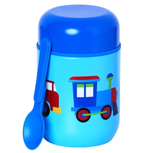 Wildkin Kids 10 oz Insulated Food Jar, Trains, Planes & Trucks | Wide-mouth 10 oz jar keeps food hot up to 5 hrs and cold up to 7 hrs · includes two folding spoons · stainless steel interior - color: Trains, Planes & Trucks