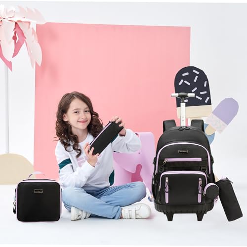 Backpack with Wheels for Girls Rolling Backpack for Kids 8-12 Roller Backpacks for Girls 10-12 School with Lunch Bag Pencil Case - color: Solid New Black Purple